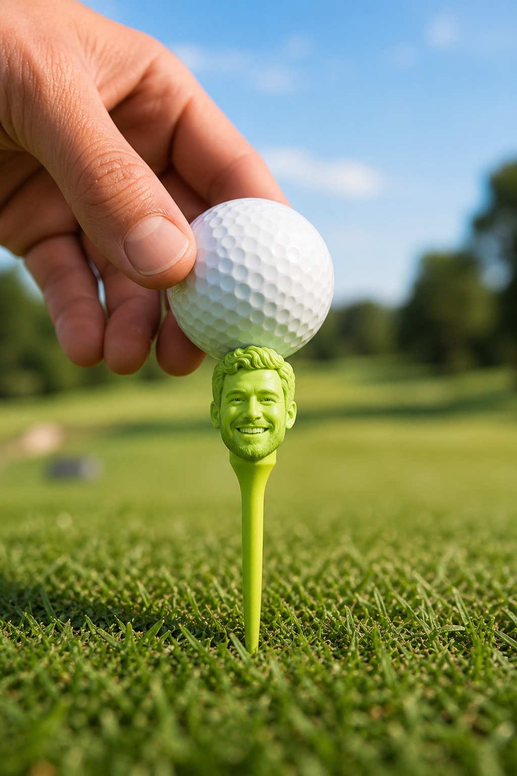 A personalized golf tee holding a golf ball on a sunny course.