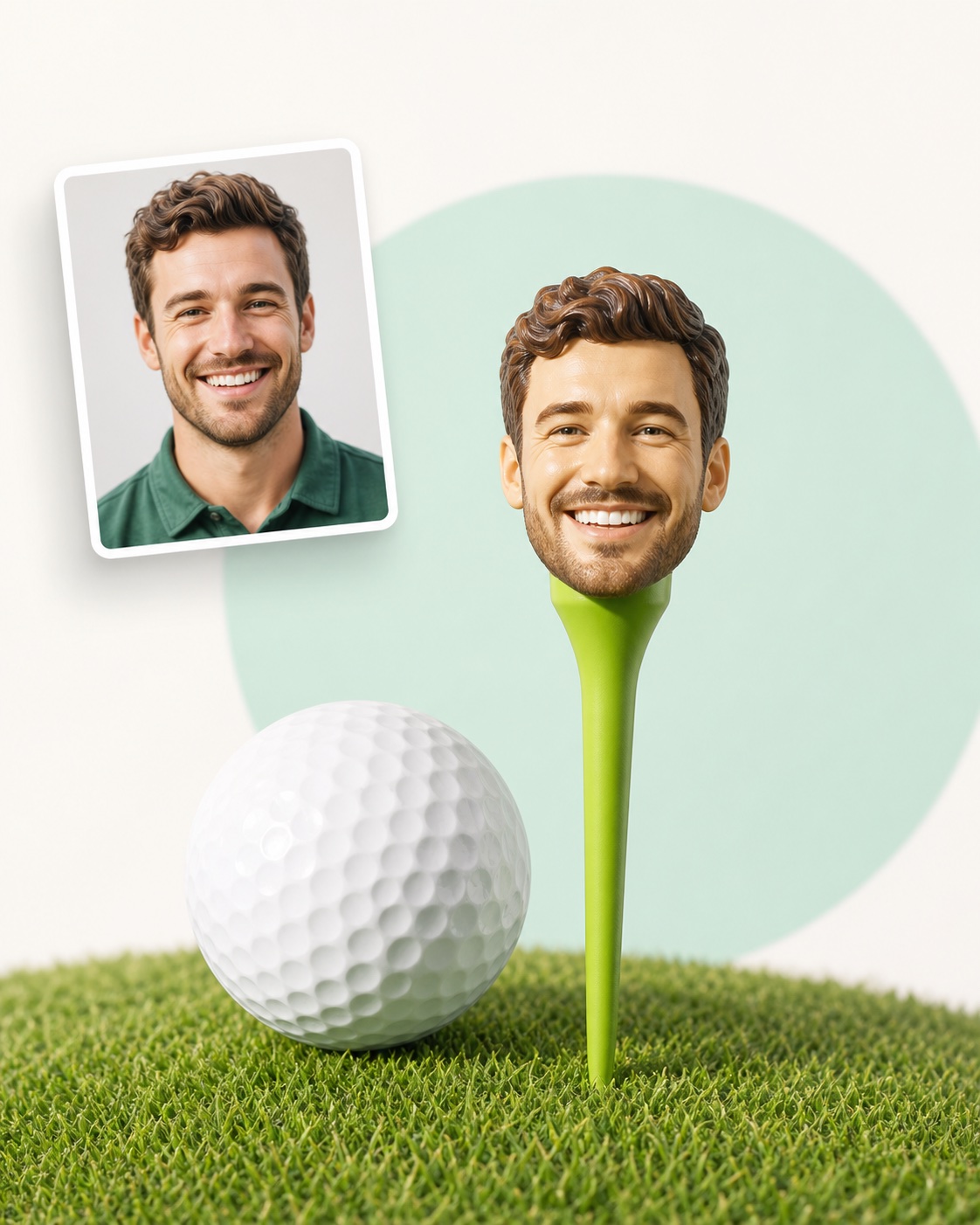 A smiling portrait transformed into a green face-shaped golf tee beside a golf ball.