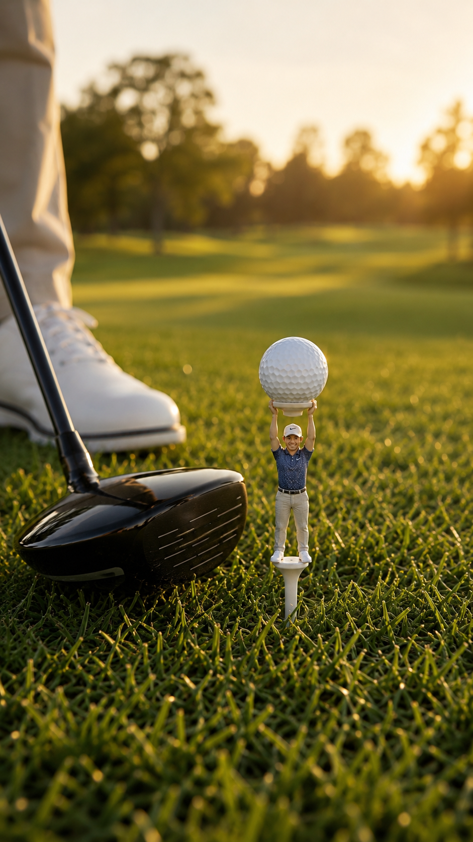 A printed character golf tee placed on grass beside a golf club.