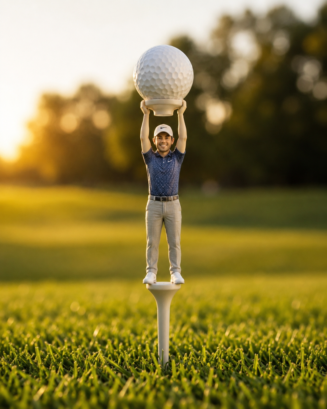 A printed character golf tee holding a golf ball on the course.