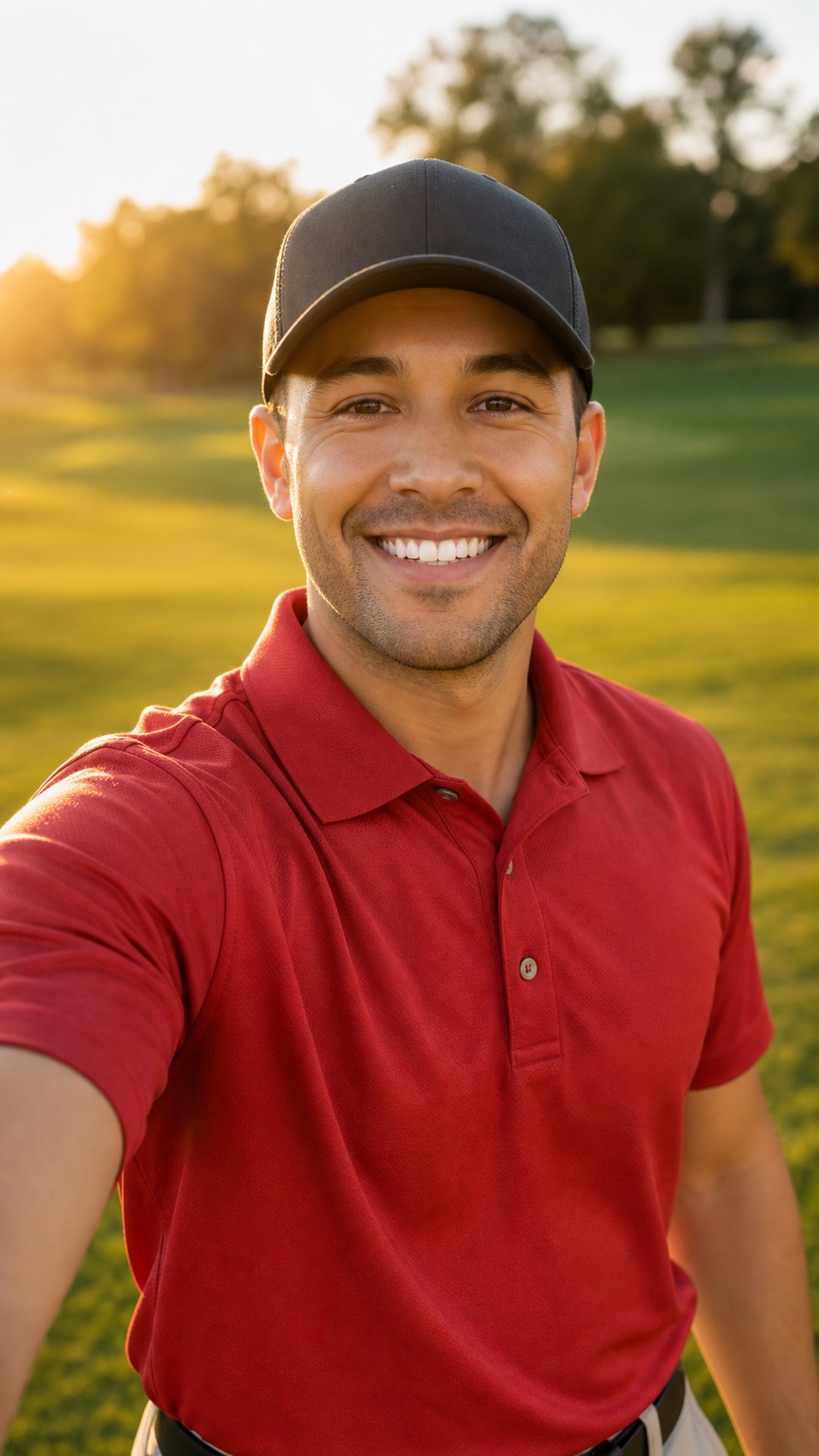 Uploaded selfie of a smiling golfer in a red polo.